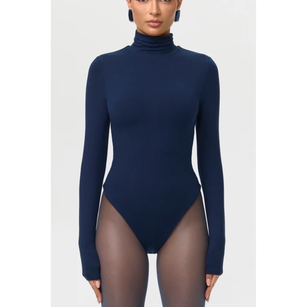 Naked Wardrobe Butter Turtleneck Contour Bodysuit Navy Blue Medium New With Tags